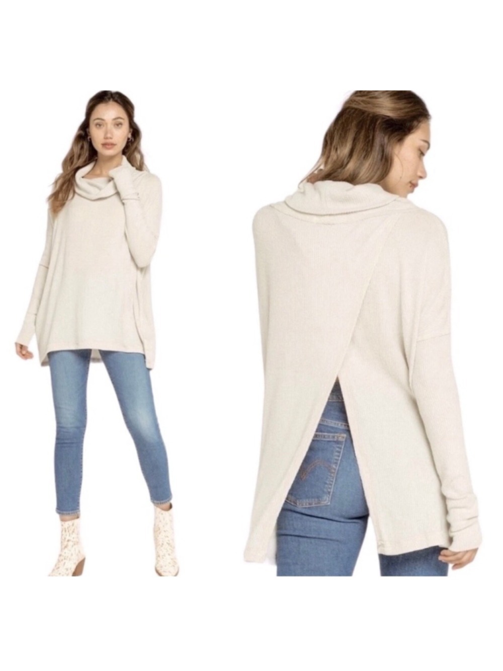 Women's oversized Free People Waffle Knit Cowl Neck Sweater with back Beige XS